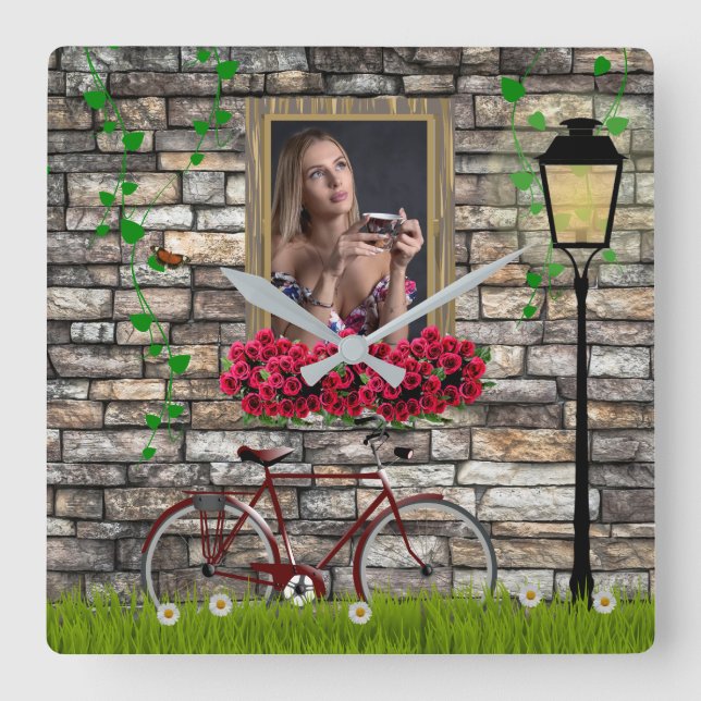Window flowers bicycle wall personalised photo square wall clock (Front)