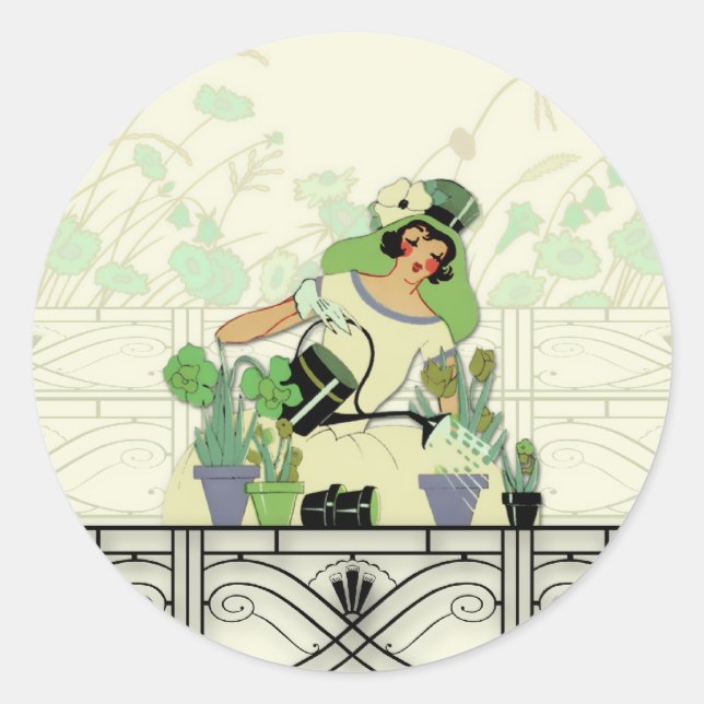 WINDOW GARDEN, ART DECO LADY: SUMMER GREENS CLASSIC ROUND STICKER (Front)