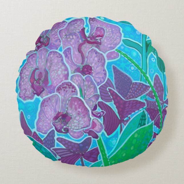 Window Garden Orchid Flowers Floral Botanical Art Round Cushion (Front)