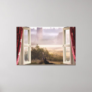 Window open misty morning with barn owl canvas print