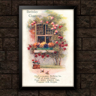 Window Roses Vintage 1920 Birthday Greetings Poster