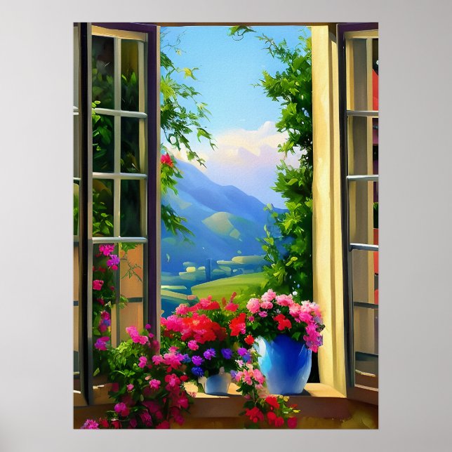 Window Scenes Art Mountain Flowers 18x24 Poster (Front)