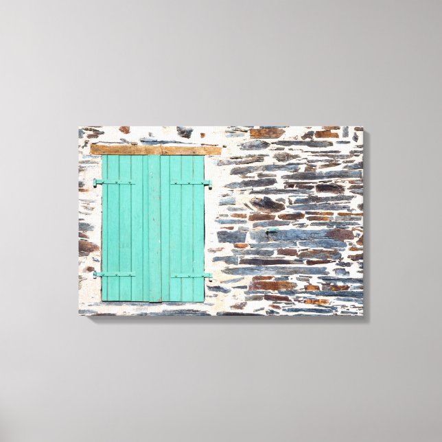 Window Shutters on a Rustic Rock Wall Canvas Print (Front)