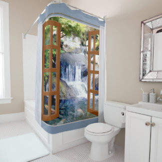 Window View Garden Waterfall with Koi Pond Shower Curtain