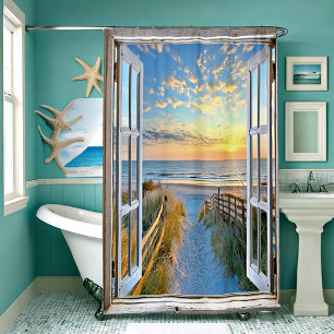 Window view of beach shower curtain