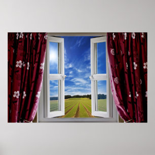 Window view onto arable farmland and blue skies poster