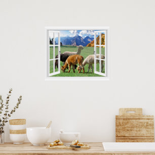 Window View With Mountains And Alpaca Poster