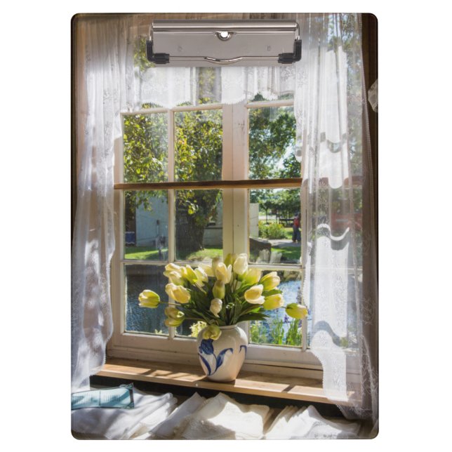 Window with lace curtain and tulips clipboard (Front)