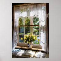 Window with lace curtain and tulips