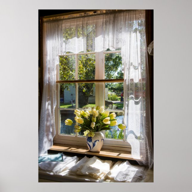 Window with lace curtain and tulips poster (Front)