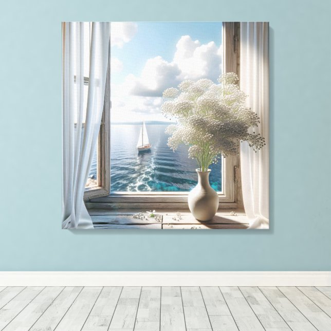 Window With Sailboat Ocean View Canvas Print (Insitu(Wood Floor))