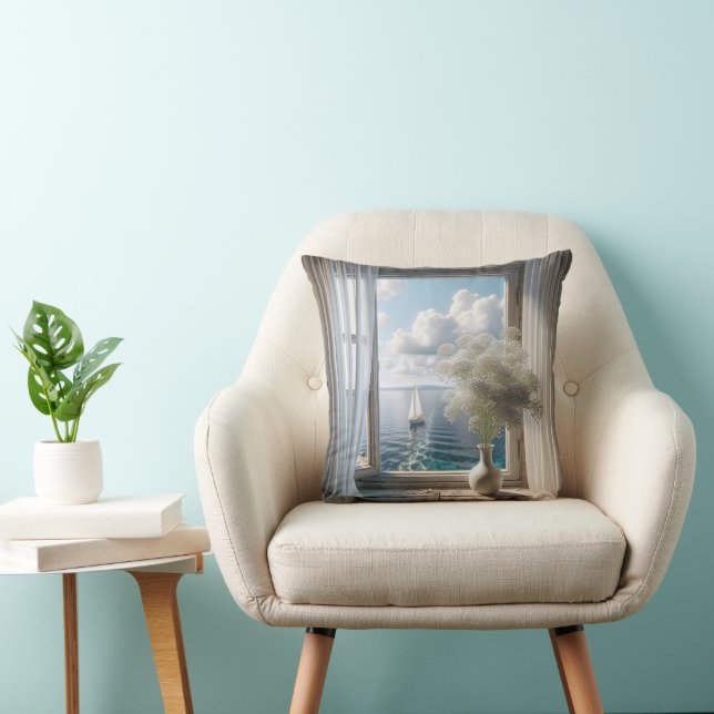Window With Sailboat Ocean View Cushion (Chair)
