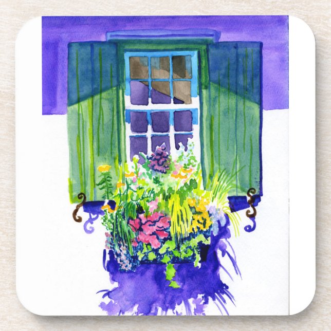 Windowbox watercolor coaster (Front)