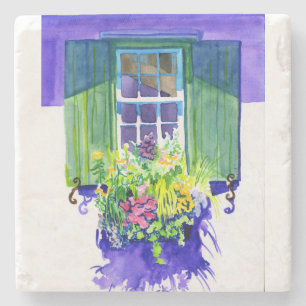 Windowbox watercolor stone coaster