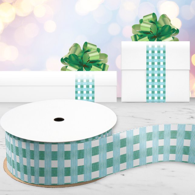 Windowpane Weave Gingham in Green and Aqua Grosgrain Ribbon (Creator Uploaded)