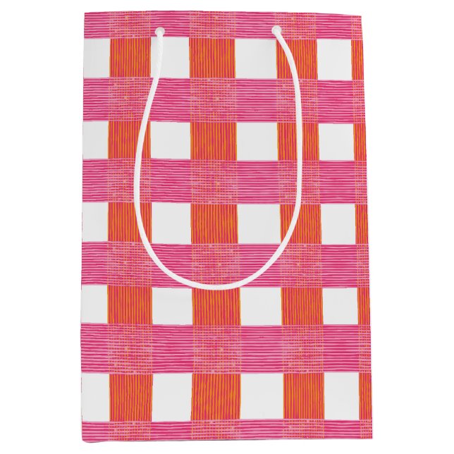 Windowpane Weave Gingham in Pink and Orange Medium Gift Bag (Front)