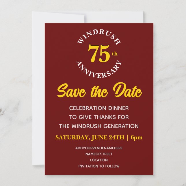 WINDRUSH 75 Generation Anniversary Save The Date (Front)