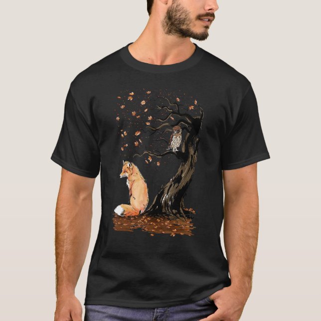Winds Of Autumn Cute Fox Under Deciduous Tree Fall T-Shirt (Front)