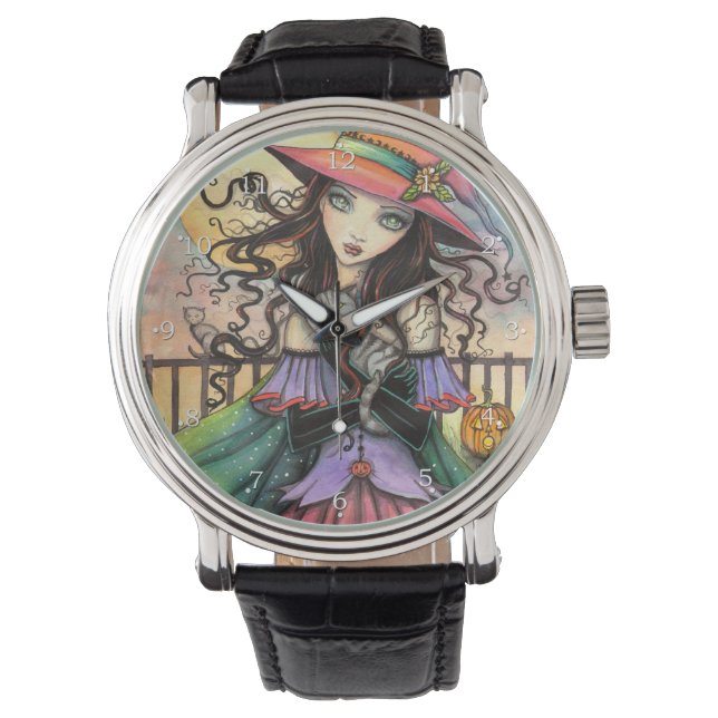Winds of Halloween Fantasy Witch Cat Art Watch (Front)