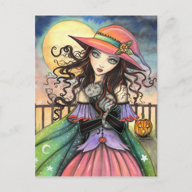 Winds of Halloween Witch Tabby Cat Art Postcard (Front)