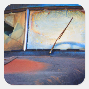 Windshield of an old rusty truck square sticker