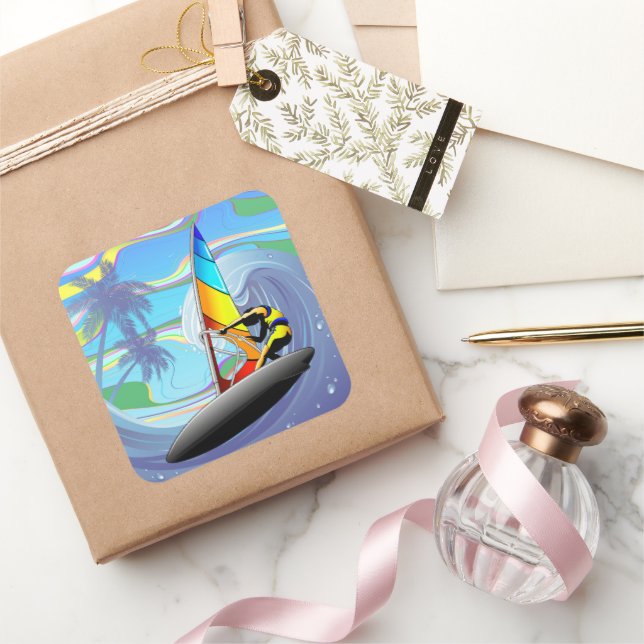 WindSurfer on Big Ocean Waves Square Sticker (Gifting)
