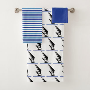 Windsurfer on board and blue stripes windsurfing bath towel set