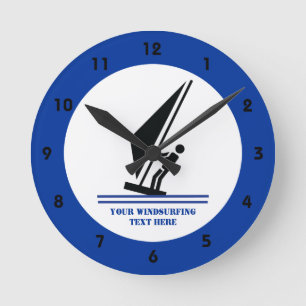 Windsurfer on board black, blue windsurfing custom round clock