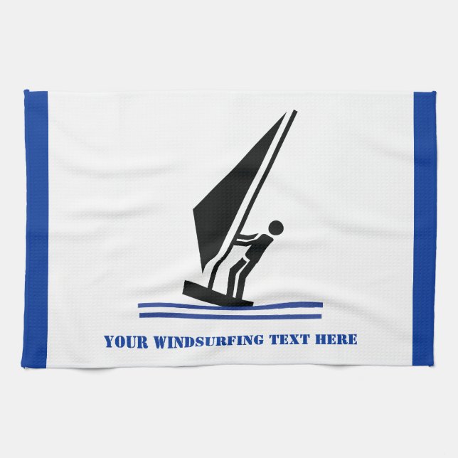 Windsurfer on board black, blue windsurfing custom tea towel (Horizontal)
