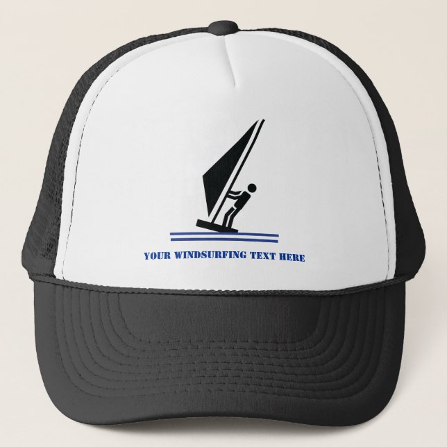 Windsurfer on board black, blue windsurfing custom trucker hat (Front)