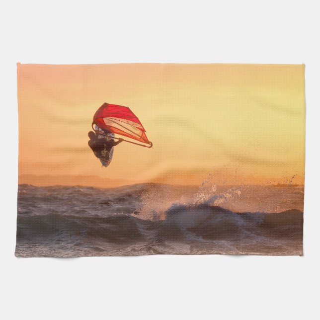 Windsurfing At Sunset Surfer Sailboarding Tea Towel (Horizontal)