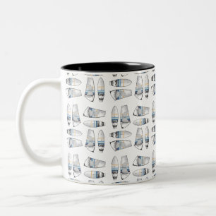 Windsurfing Equipment Board, Sail and Fins Pattern Two-Tone Coffee Mug