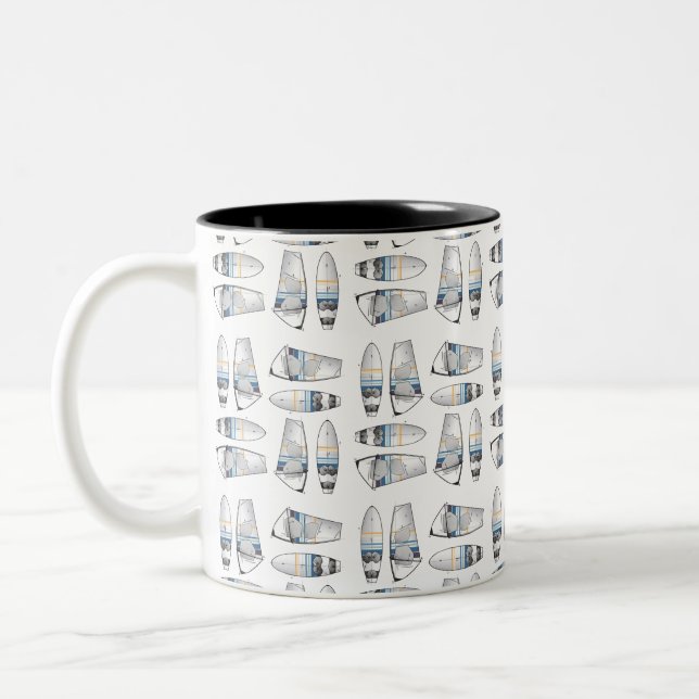Windsurfing Equipment Board, Sail and Fins Pattern Two-Tone Coffee Mug (Left)