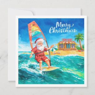 Windsurfing Santa Beach Christmas Card