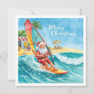 Windsurfing Santa Beach Christmas Card
