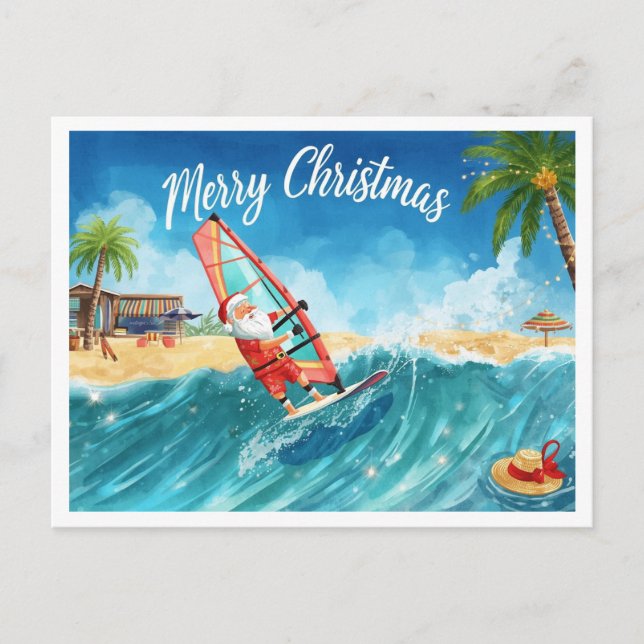 Windsurfing Santa Beach Christmas Card (Front)