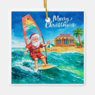 Windsurfing Santa Beach Christmas Card Ceramic Ornament
