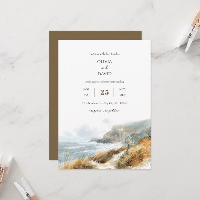 Windswept Cliffs Coastal Trail View Beach Wedding  Invitation (Front/Back In Situ)
