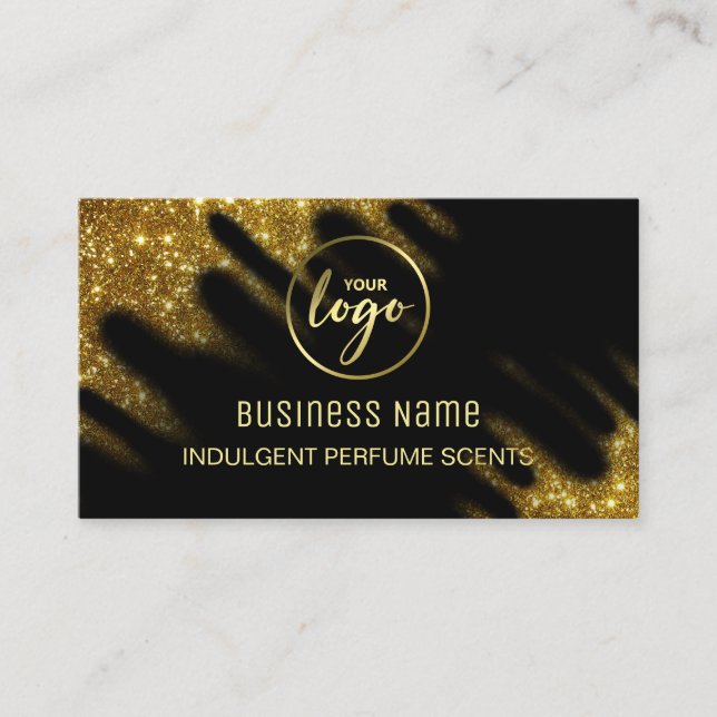 Windswept Glitter Black And Gold Perfume Business Card (Front)