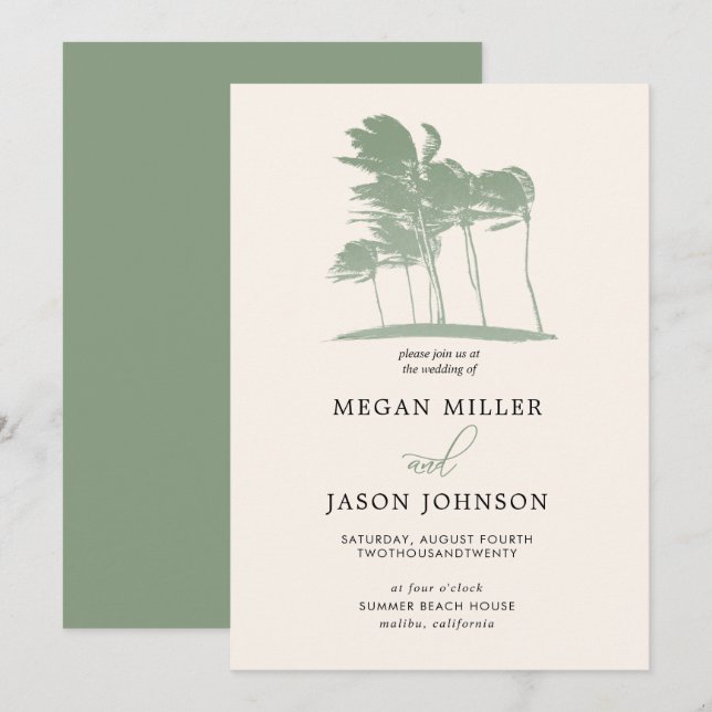 Windy Palm Trees, Sage Green Destination Wedding Invitation (Front/Back)