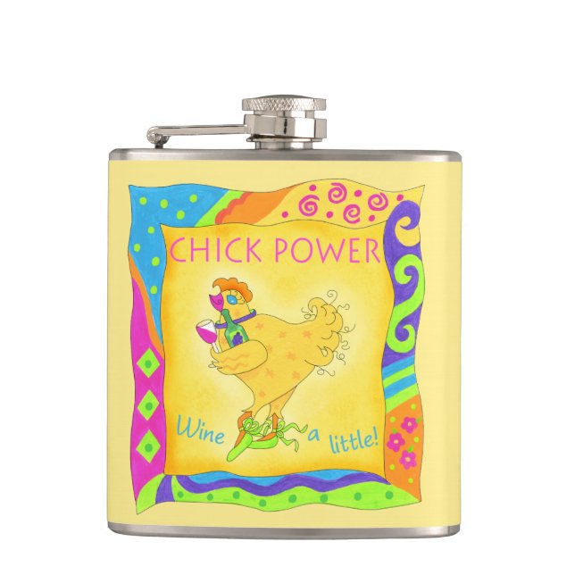 Wine a Little Chick Power Name Personalised Yellow Hip Flask (Front)