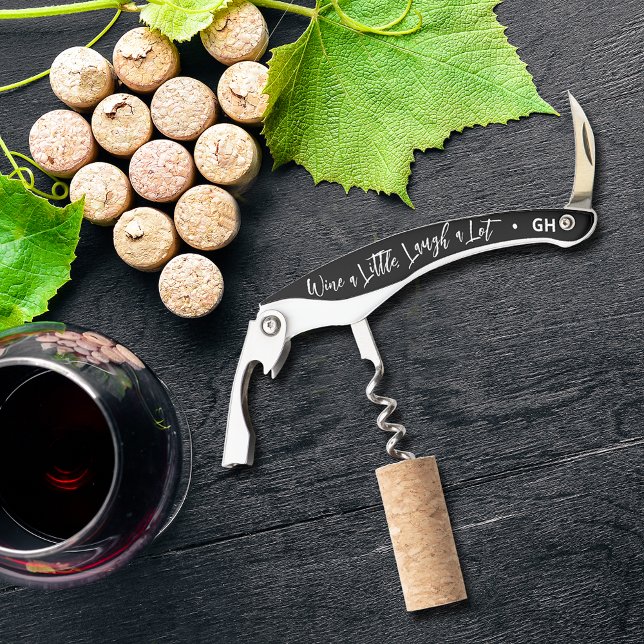 Wine a Little Laugh A Lot Black Corkscrew (Personalized Corkscrew with your initials on the end - great gift idea!)