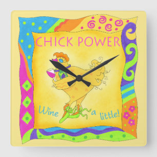 Wine a Lttle Chick Power Yellow Whimsy Square Wall Clock
