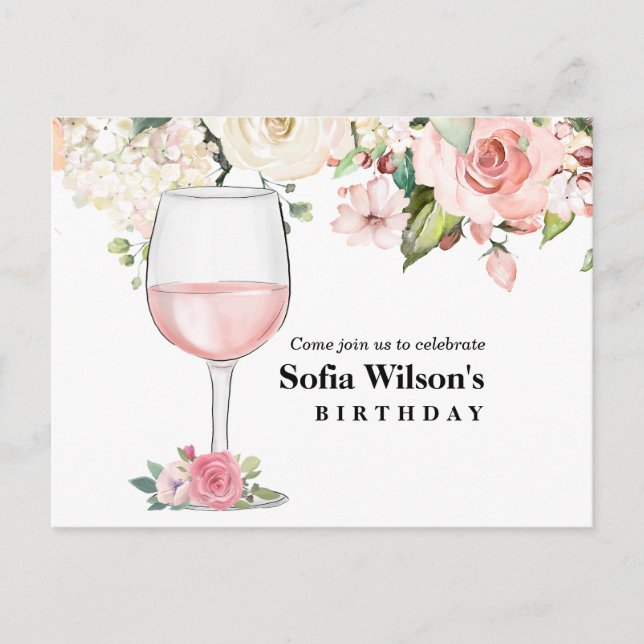 wine, adult birthday, wedding, floral invitation postcard (Front)