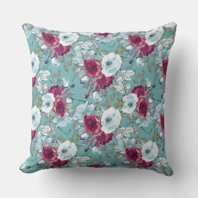 Wine and Blue Flowers On Blue Throw Pillow (Front)
