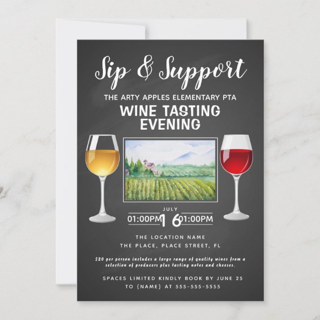wine and cheese fundraiser event sip and support invitation (Front)