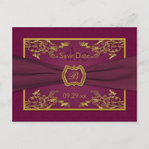 Wine and Gold Floral Damask Save the Date Card