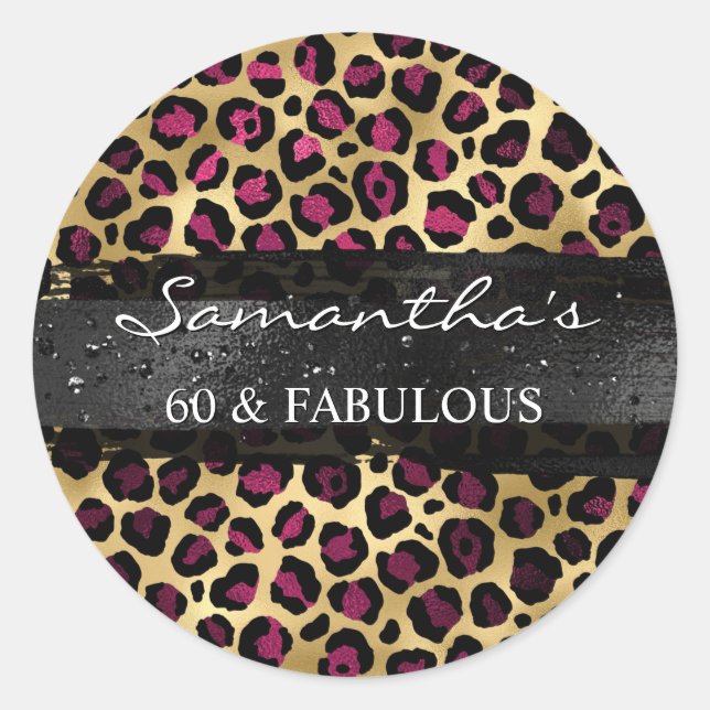 Wine and Gold Foil Leopard 60 & Fabulous Classic Round Sticker (Front)
