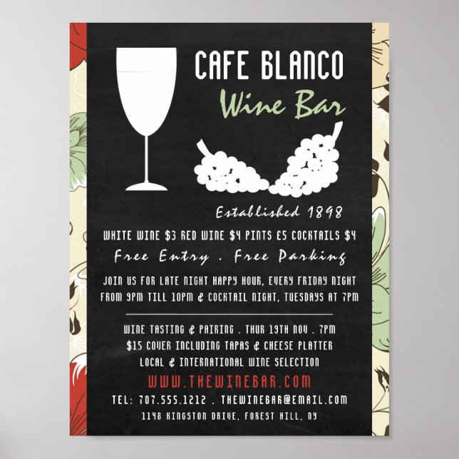 Wine And Grapes, Floral Chalkboard Wine Bar/Winery Poster (Front)