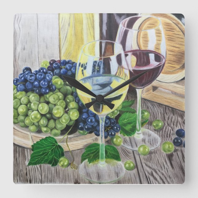 Wine and Grapes Square Wall Clock (Front)